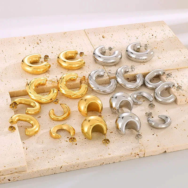 EH23343 Hot Fashion Jewelry Statement Geometric Thick Non Tarnish 18K Gold Plated Stainless Steel C Hoop Earrings For Women