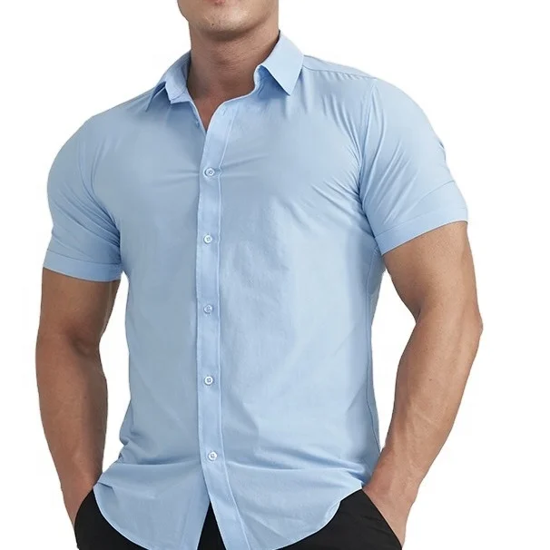 Men Solid Colour Formal Short Sleeve Cotton Breathable Stretch Slim Fit Shirt Quick-drying Wrinkle-resistant Fitness Shirt