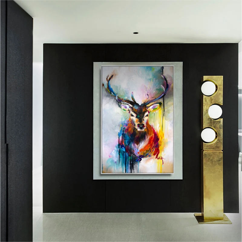Pure hand-painted oil painting sika deer simple living room decorative painting light luxury door porch hanging paintings