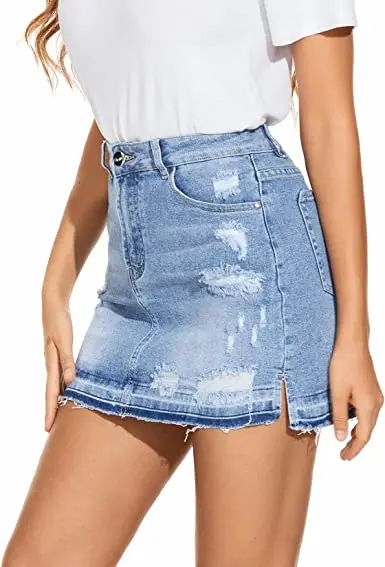 Denim Skirt Cheap Mini Sexy Jeans  Dresses Women Mid Waist  Lady Sexy Denim Short Skirt Raw Edge Split Jean Skirts for Women