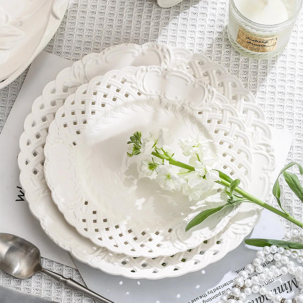 Ceramic retro white steak plate tableware embossed hollow lace plates and dishes