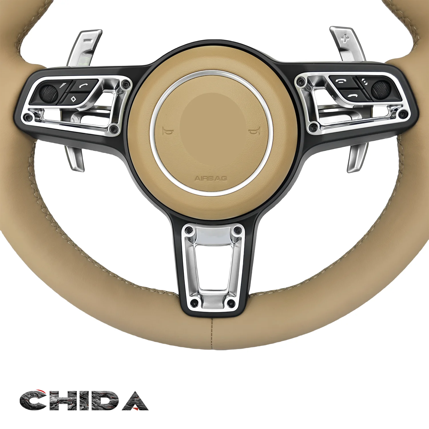 New khaki full leather custom steering wheel upgrade for Porsches Cayenne Panamera 718 997 985 981 Mk2 Boxster Cayman 987