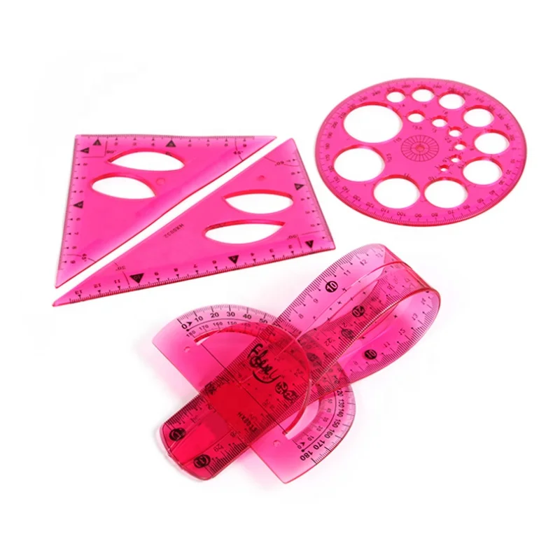 Mixed 5pcs geometry set with 30 cm clear rulers flexibly drawing tool kits with customized package for student in school