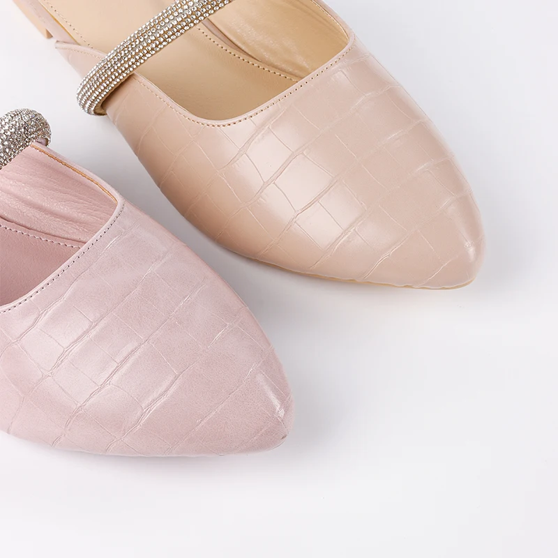 Latest Rhinestone Chain Hollow Out Mules Women Ballet Flats Half Shoes Comfortable Casual Pointy Toe Leather Slipper Close Shoes