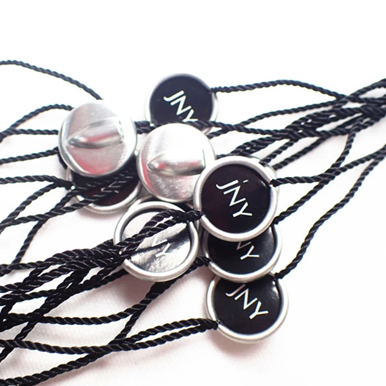 Custom Printed Brand Name Logo Garment Plastic Aluminium Metal Hang Tags Seal String Clip for Clothing and Bags