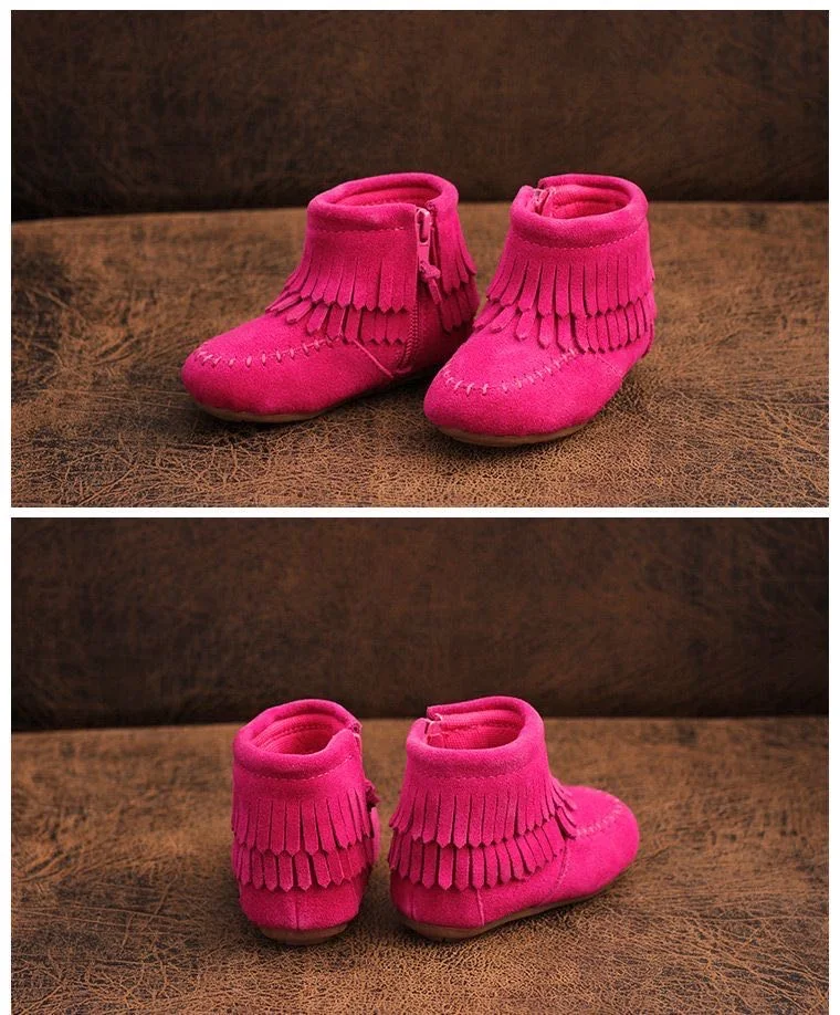 Side Zipper Anti Slippery TPR Hard Sole Kid Shoes Girl Boots Fashion Ankle Real Leather Casual boots  baby tassel leather boots