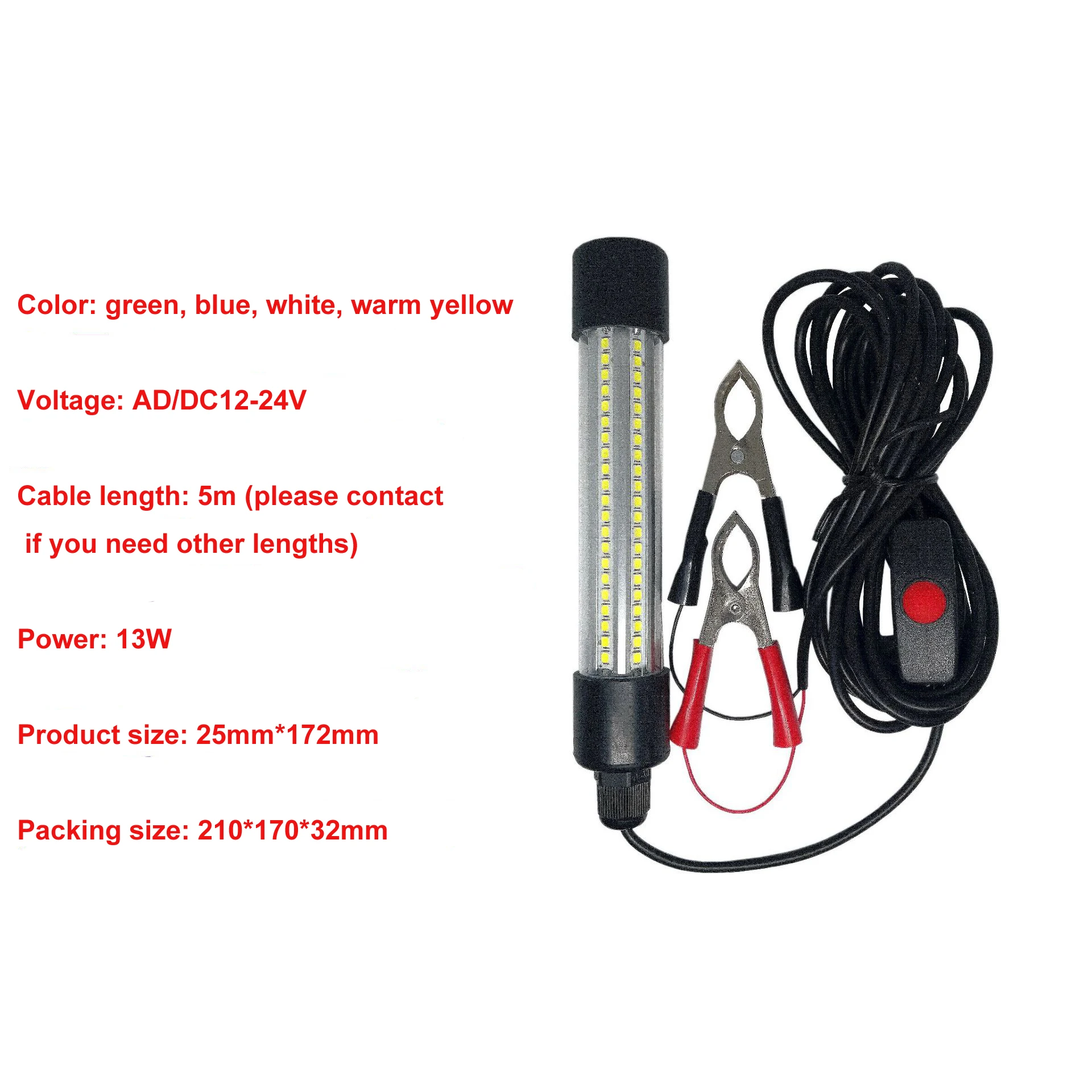 13w Underwater Fishing Led Light Leds 12-24v Night Fish Attracting With Clip Cable