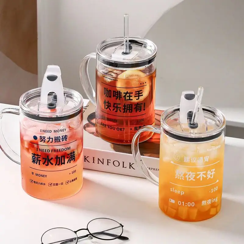 1000 ml High borosilicate glass cup with lids and straws,large belly cup, milk cup, heat-resistant glass handle cup