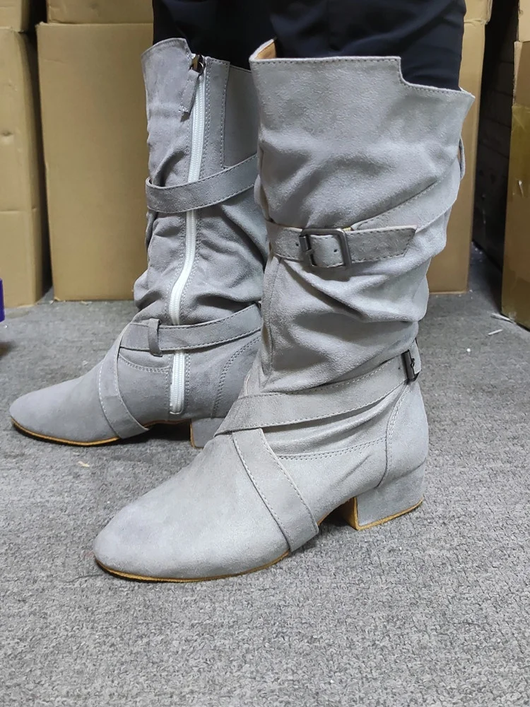 Hot Selling Grey Red Black Yellow Low Heel  Suede Fabric Sole Women Dance Boots Salas Ballroom Lady Dance Shoes