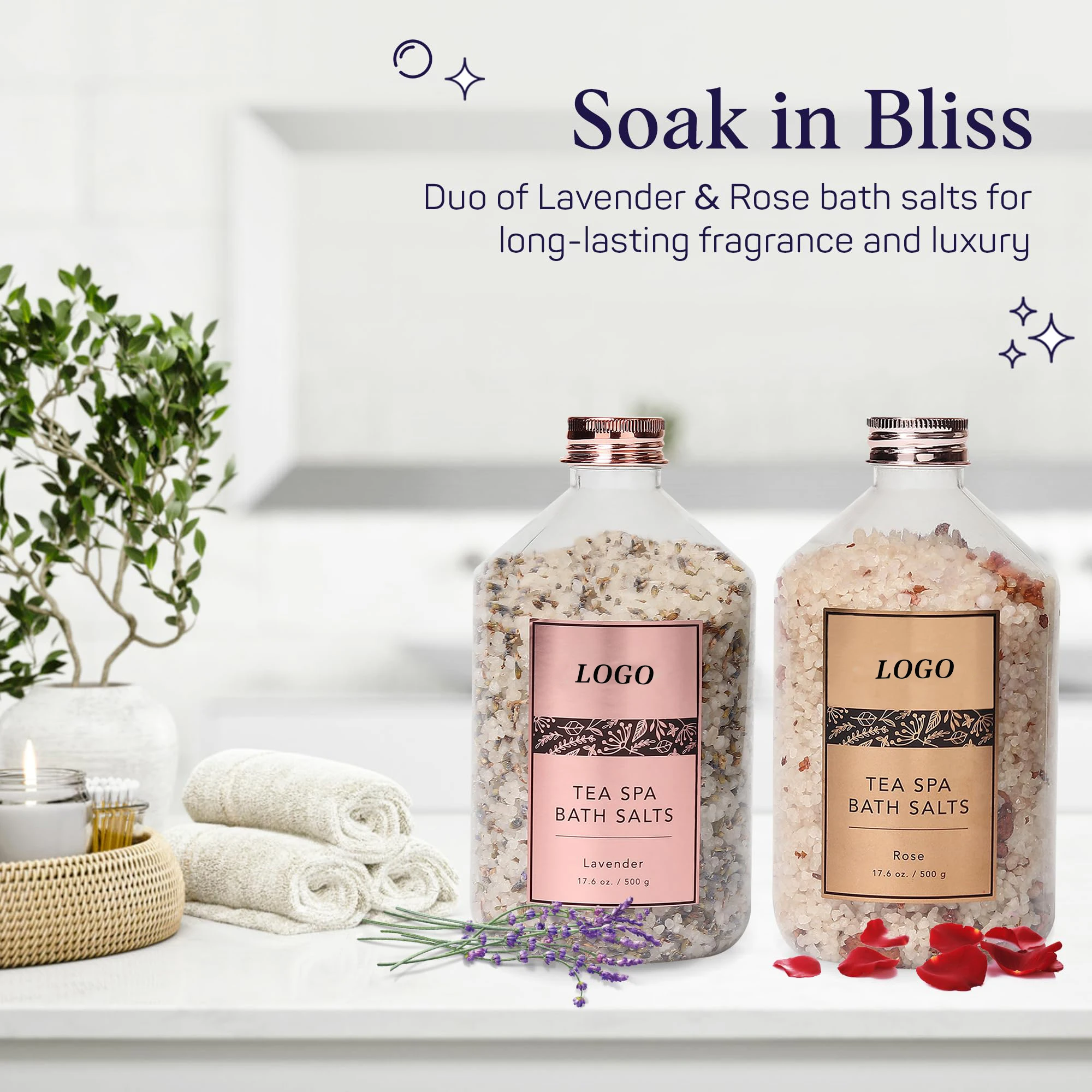 OEM Natural Body Care Lavender & Rose Deep Cleaning Exfoliating Relaxing Tea Spa Petal-Infused Effervescent Mineral Bath Salts