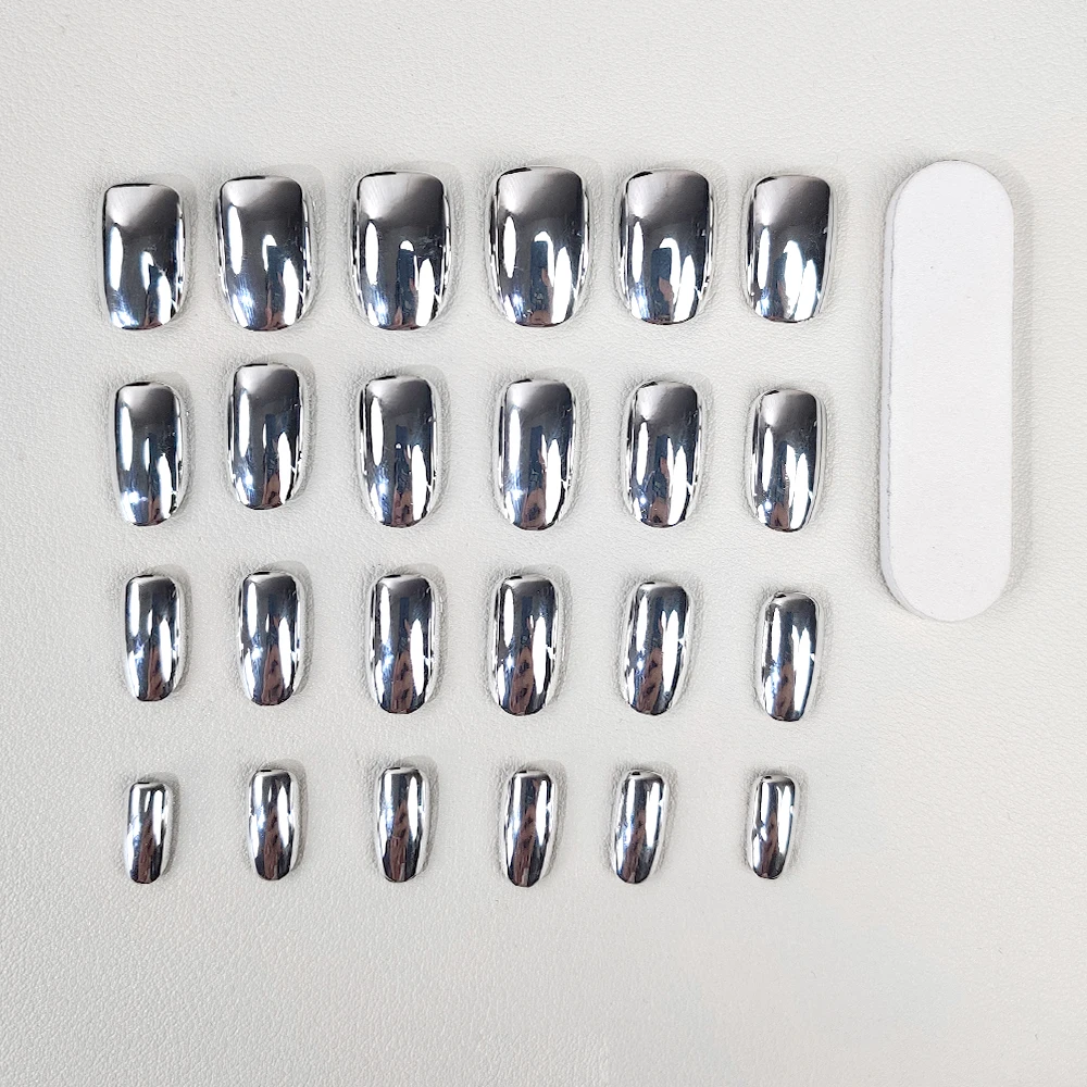Faux Ongles Custom Press On Nail Metallic Silver Electroplated Nails Reusable Good Quality Press On Nails Acrylic Affordable