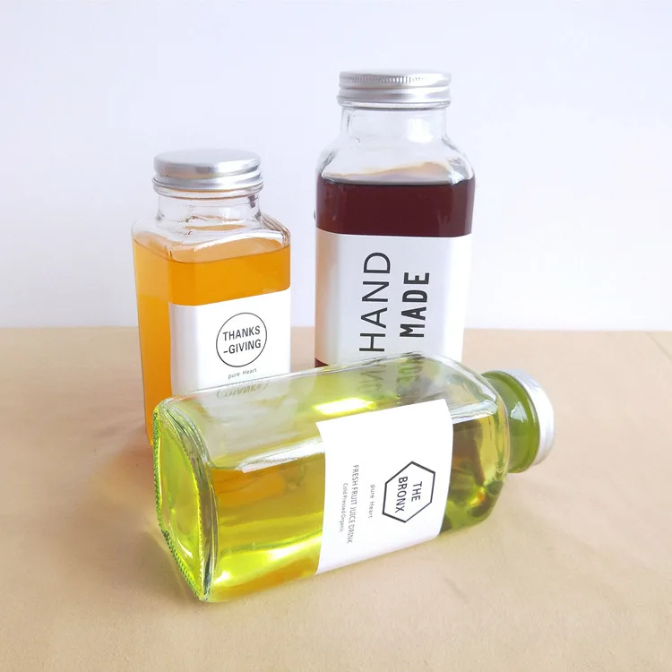 250ml Wide Mouth French Square Glass Bottle Kombucha Beverage Fruit Juice Glass Bottle