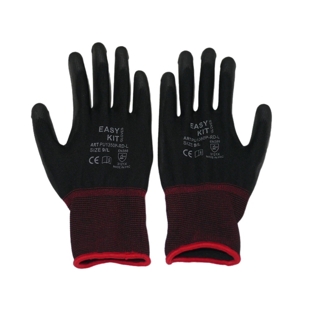 Wheelsky Light Weight Custom Logo Gauge Knitted Working Gloves Black PU Coated Construction Industrial Safety Work Gloves