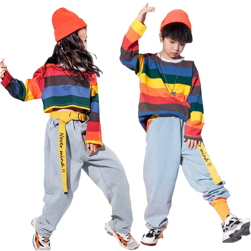 High Quality Kids Hip-Hop Suit Wholesale Boys Hip-Hop Loose Rainbow Stripe Girls Jazz Dance Model Runway Show Costume