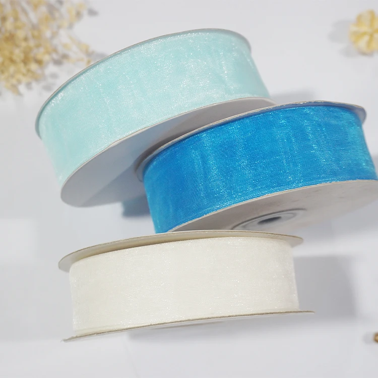 Custom Hologram Sheer Chiffon Silk White Pink Yellow Organza Ribbon For Wedding Bouquets Wrapping