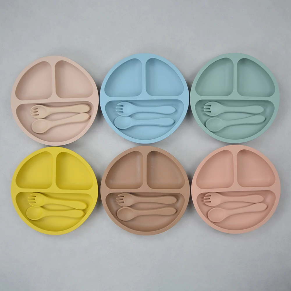 BPA Free Colorful Three Cells Silicon Baby Plates Tableware for Kids Feeding