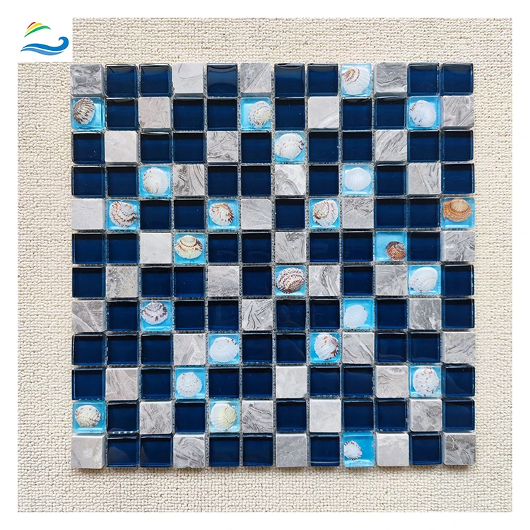 30x30 Multi Color dark blues main floor decorated tiles low absorption shell Mosaic for bathroom sale mosaic