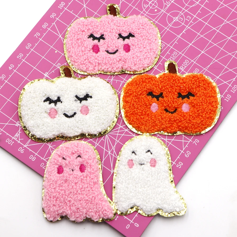1PC Clothing Iron on Patches Chenille Ghost Embroidered Patches Gold Glitter Edge Iron on Embroidered Patches  Arts Crafts DIY