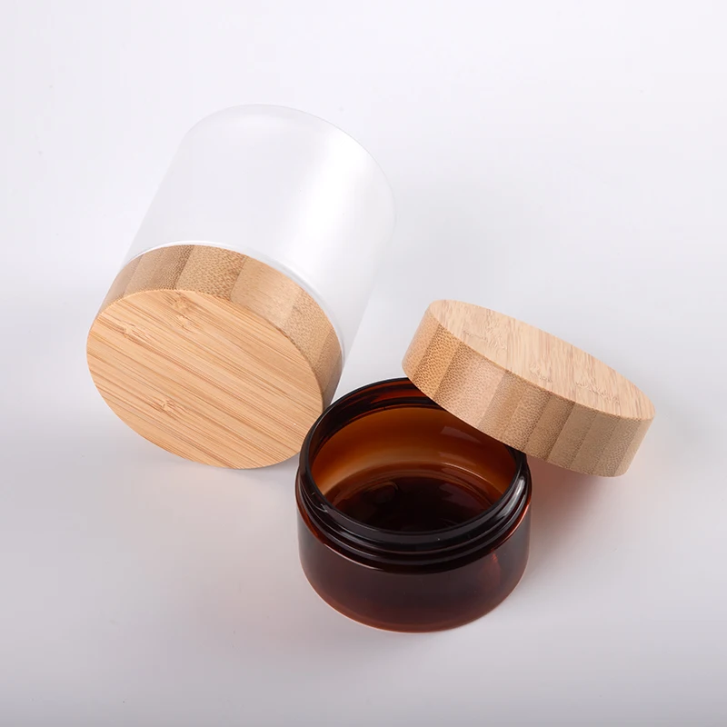 8oz 16oz 250mL 500mL frosted bamboo products amber clear pet plastic body butter cosmetic cream containers jar with bamboo lid