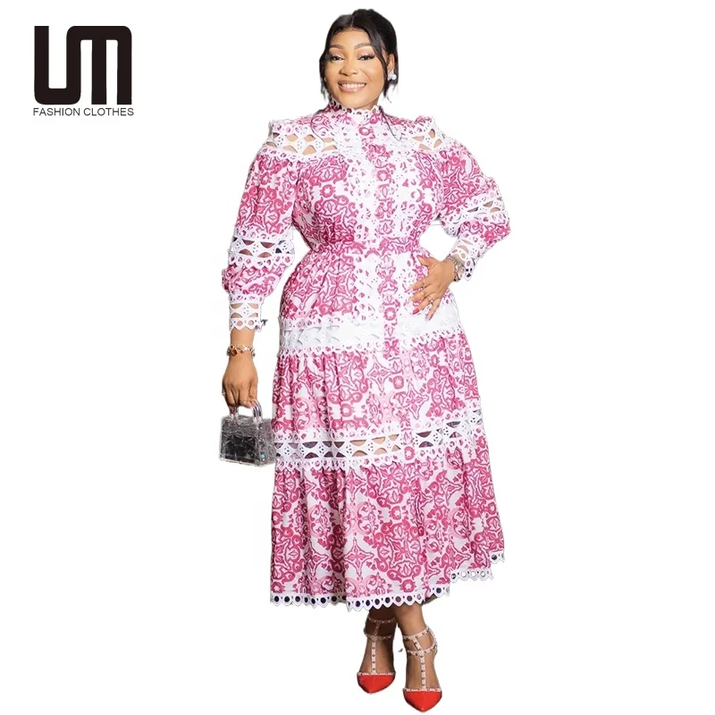 Liu Ming Elegant Vintage Fashion 2024 Women Casual Loose Lace Patchwork Plus Size High Waist Maxi Dress