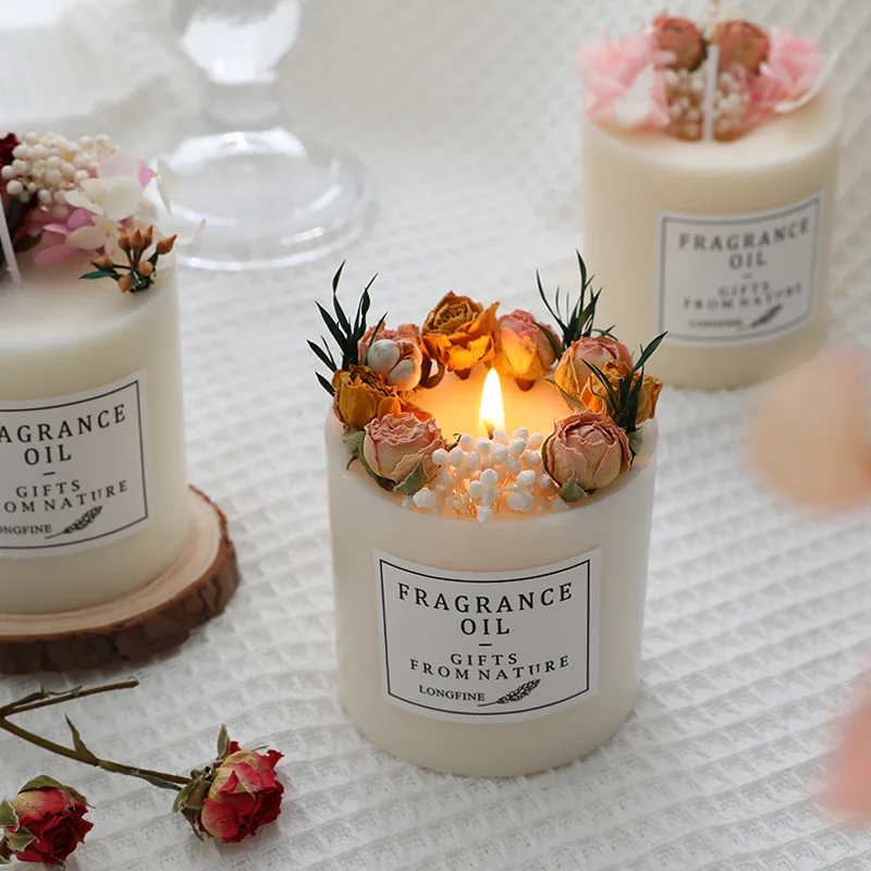 Wholesale Private Label Colorful Glass Jar Candle Home Fragrance Soy Wax Scented Candles with dried flower