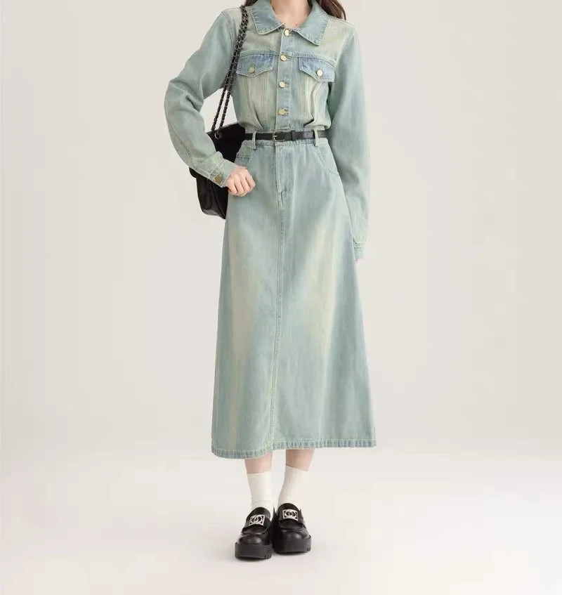 High-quality Japanese Korean light-colored long-sleeved heavy denim dress dress spring and autumn tail split long skirt
