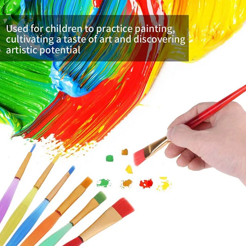 LISI 6pcs Colored Plastic Handle Nylon Hair Round Flat Preschool Paint Brushes for Toddler Washable Paint Acrylic Oil Watercolor