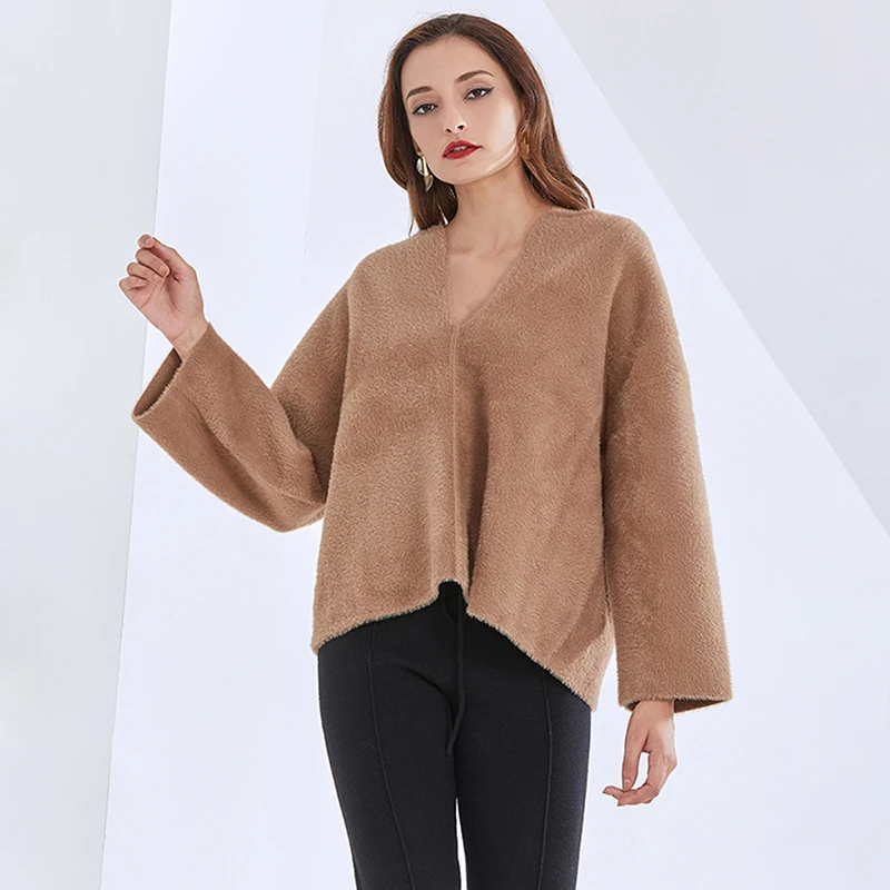 TWOTWINSTYLE Soild Minimalist Knitting Sweater Casual V-Neck Long Sleeve Clothes For Women