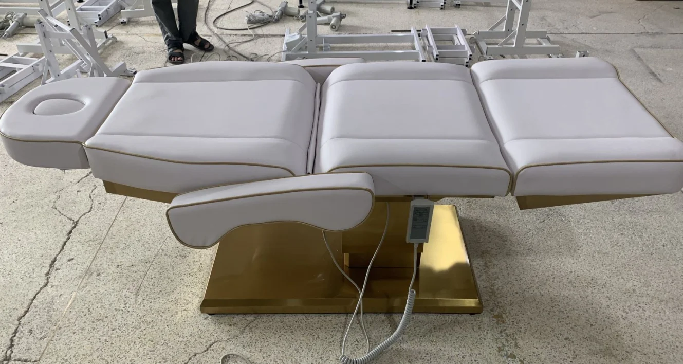 High Quality Beauty Bed Chair  Beauty Salon Furniture Gold Base Three Motors Massage Bed Electric Adjustment Lash Bed For Sale