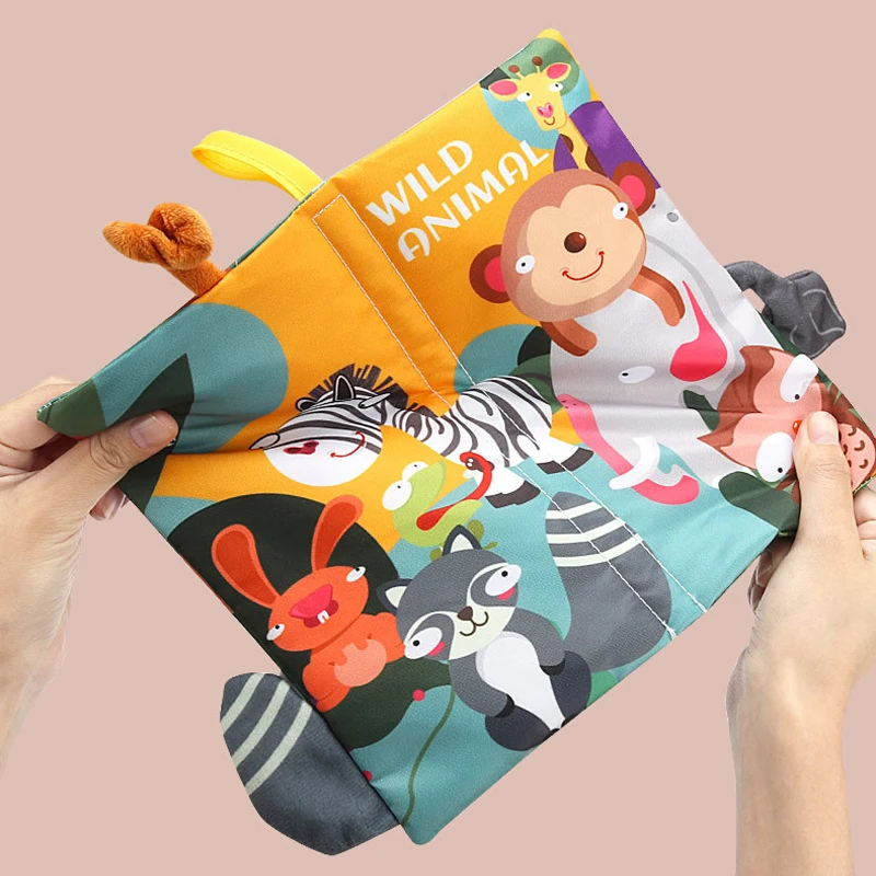 Educational Toys Touch and Feel Sensory Soft Fabric Binding Washable 3D Interactive Traffic Animal Tail Cloth Book for Newborn