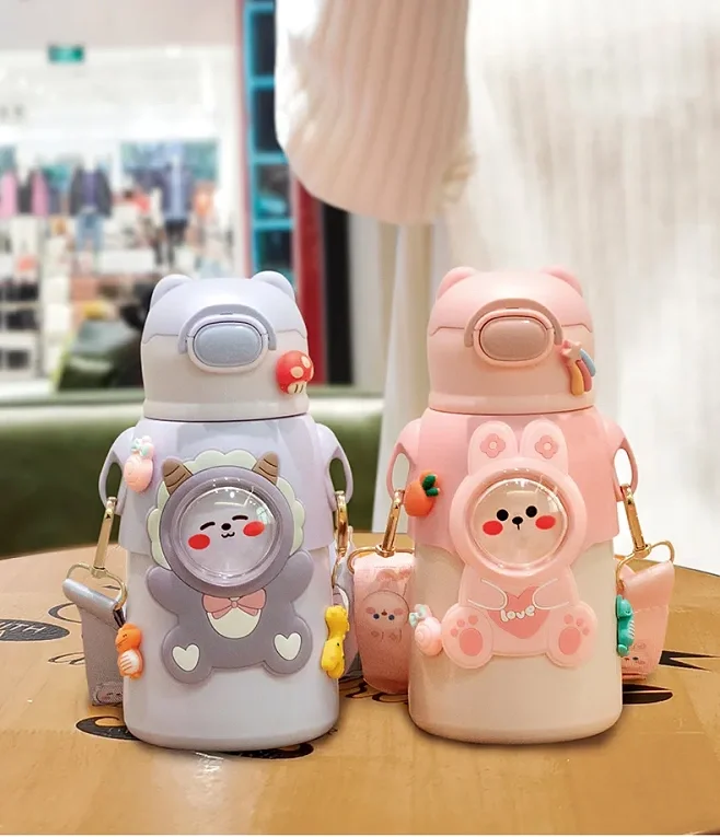 Children Thermos Mug Stainless Steel Leak-Proof Vacuum Flask With Straw Cartoon Thermal Water Bottle Thermocup Drinkware
