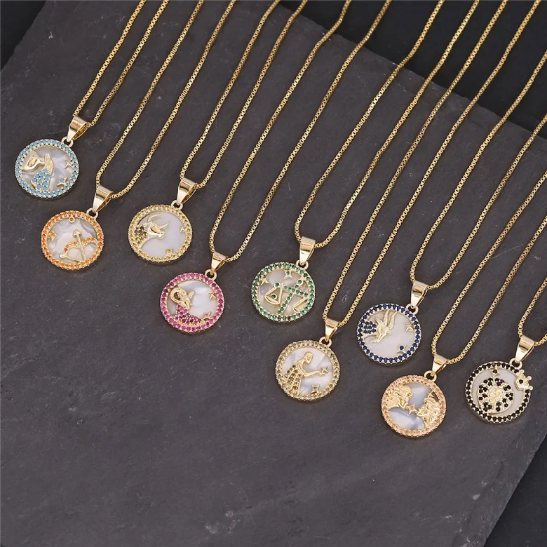 Fashion Jewelry 18k Gold Plated 12 Con-stellation Round Charm Women Colorful Zircon Shell Brass Zodiac Pendant Necklaces