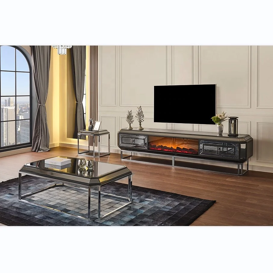 Modern Crushed diamond mirrored tv unit tv stand with fireplace