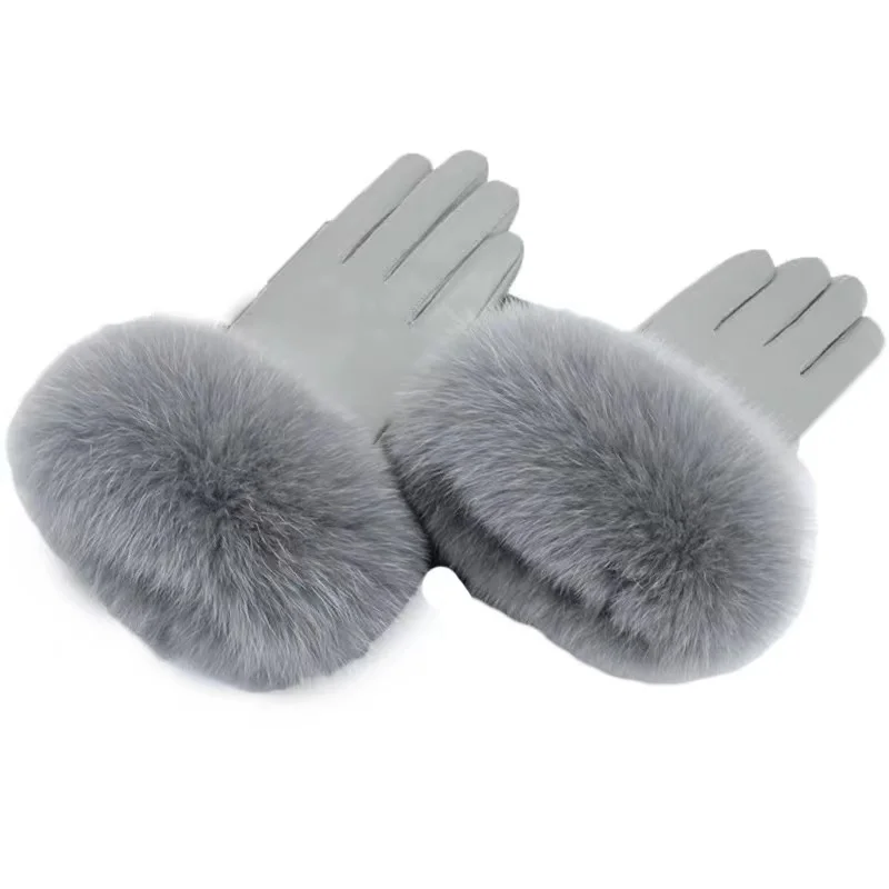 Ladies Luxury Warm Mitten Winter Fox Fur Cuff Touch screen Gloves Women Full Leather Glove