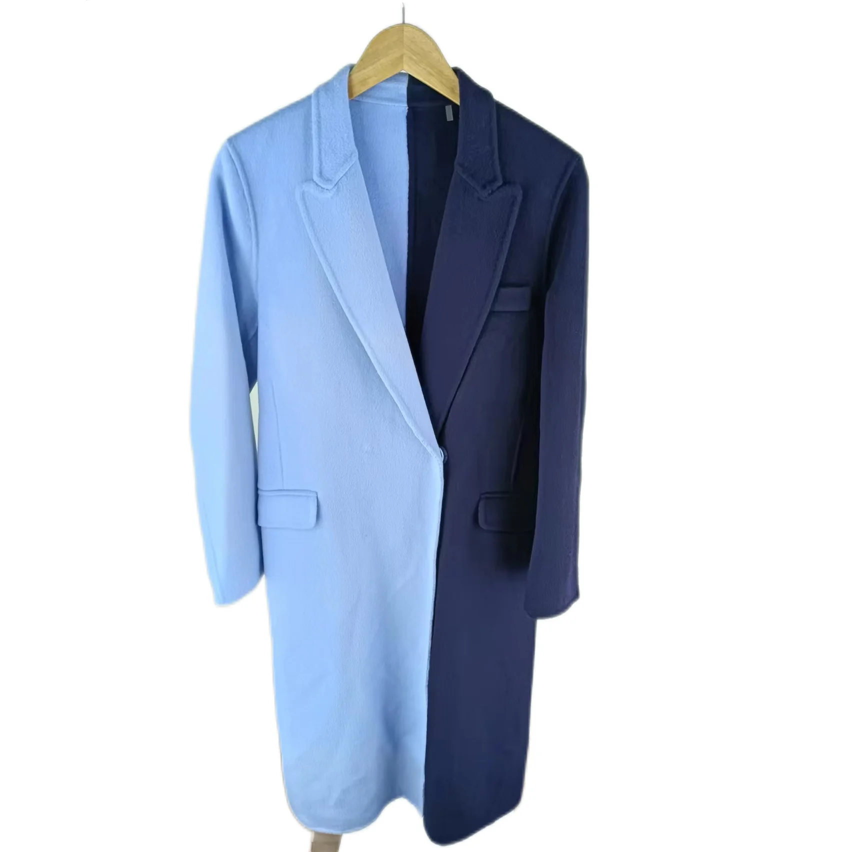 OEM Customize combo color wool/polyester double breasted fabric covered snap button front waist dart womens double-sided coat