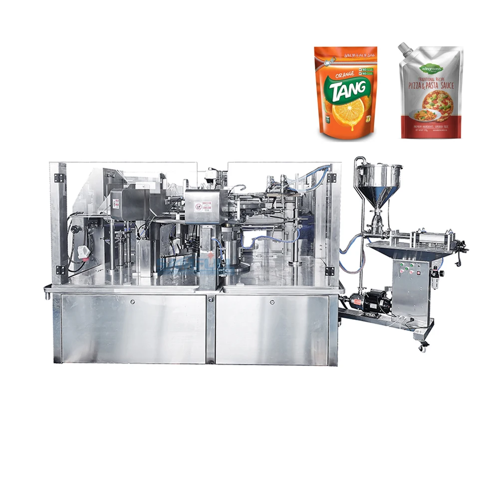 Automatic doypack juice drinking liquid fillling machine plastic nozzle pouch juice packing machine