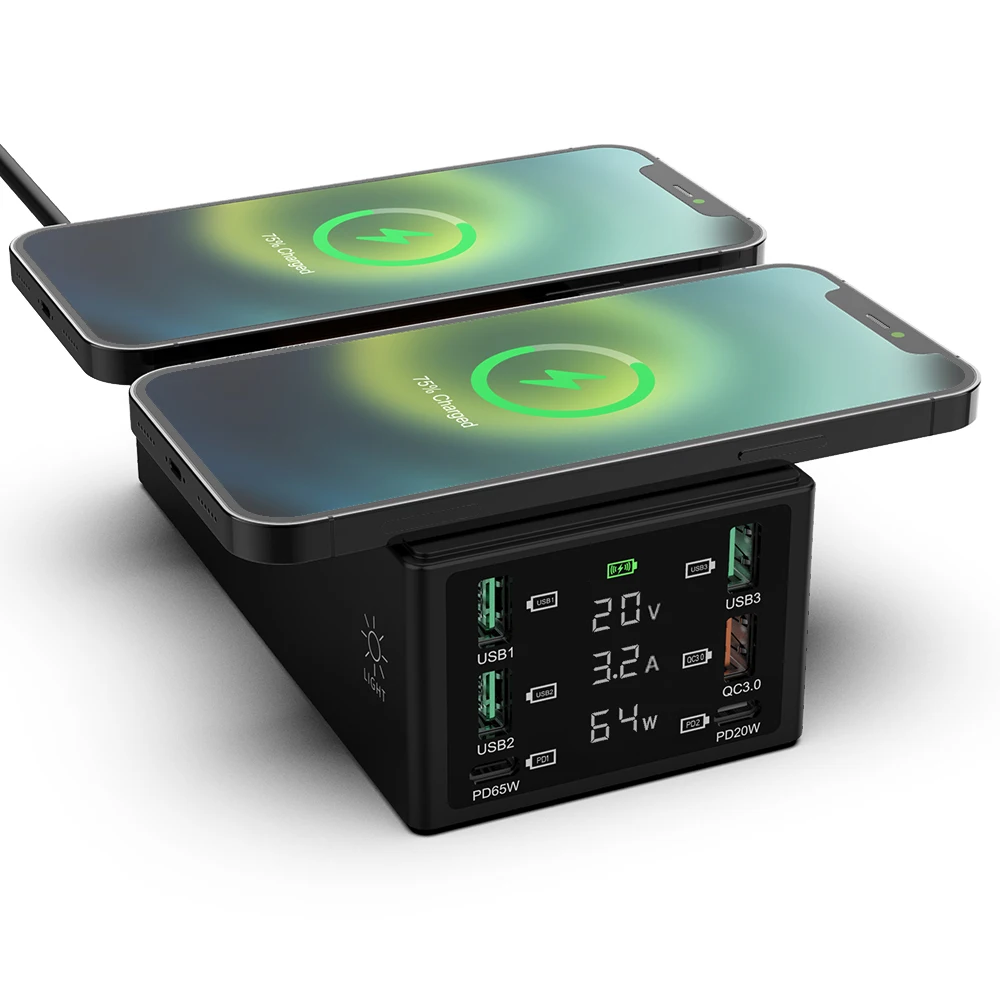Desktop quick charge 3.0 multi port usb typc c PD 65W laptop charger wireless fast charging station for Mobile phone