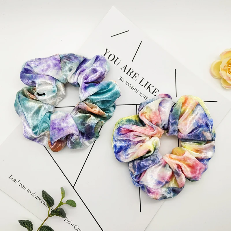 Factory sale Colorful Tie dye velvet fabric oversized Elastic Hair Scrunchies hair band