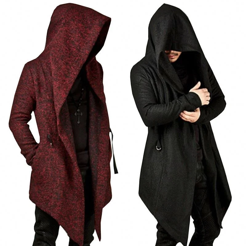 Steampunk Men Gothic Male Hooded Irregular Red Black Trench Vintage Outerwear Cloak Fashion Mens Coat Jacket