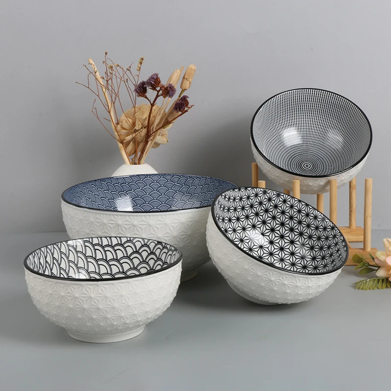 hot sale outside embossing inside pad printing porcelain cereal bowl rice bowl ceramic bowl