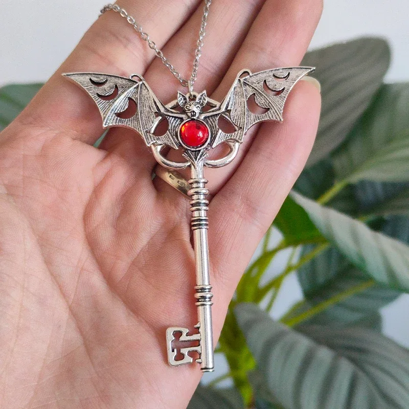 Witch Moon Phase Bat Key Pendant For Women Wicca Goth Necklace Jewelry