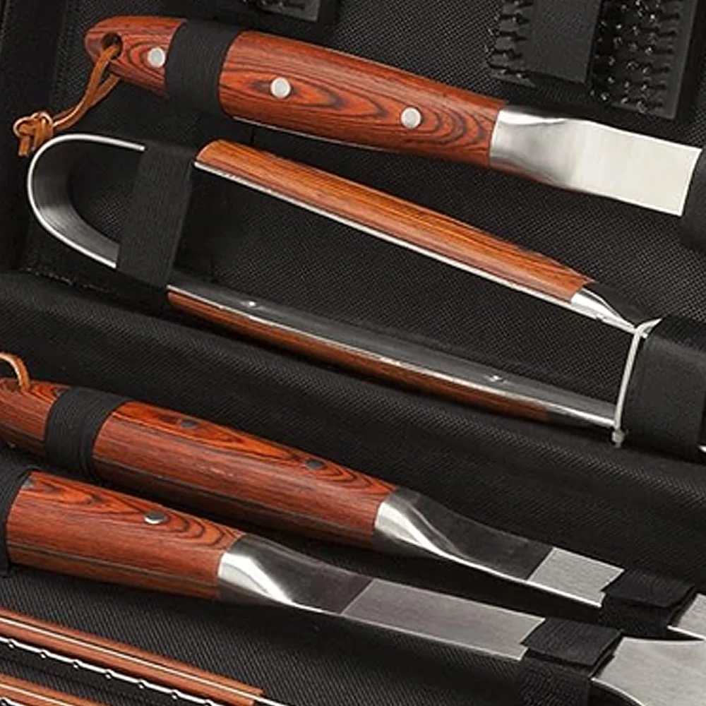 11-Piece Stainless-Steel Barbecue Grilling Tool Accessories Utensils Set with Spatula, Tongs, Forks, Brush, and Leather Case
