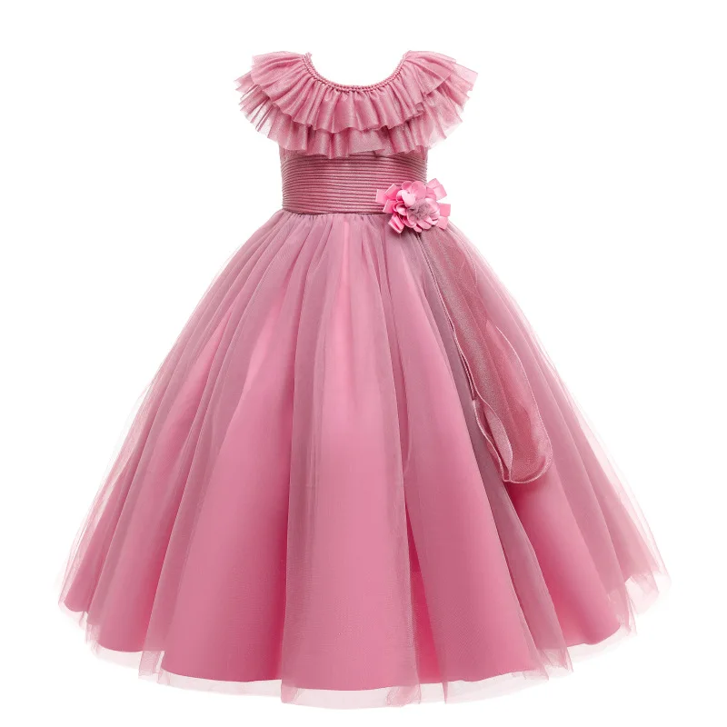 Custom Kids Clothing Lace Hem Embroidery Layered Tulle Girl Bridesmaid Wedding Evening Summer Flower Girl Prom Maxi Dresses