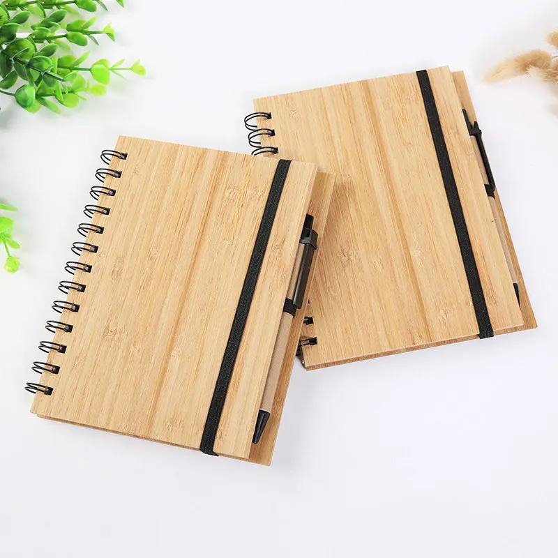 Customized Logo Wood Notebook Grain Paper Hard Cover Bamboo Wooden Notebook With Pen