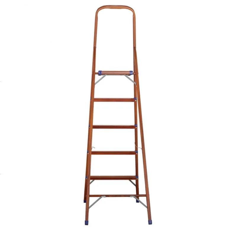 MOQ 200 PCS Japanese Market Household 5 Steps Aluminum Folding Ladder With Wooden Grain Finished, Five Steps Home Use Ladder