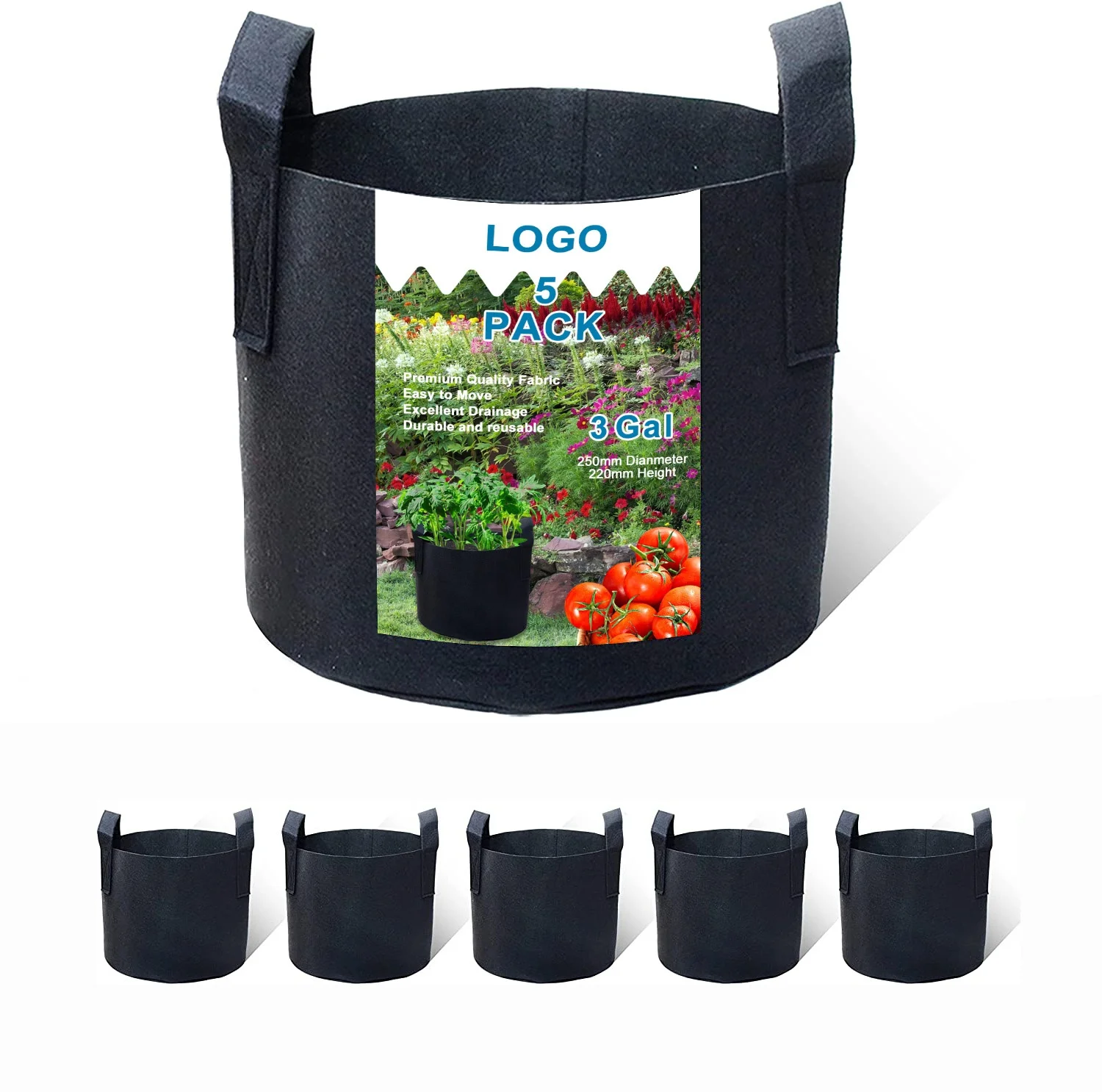 3 Gallon  300g Fabric Plant Grow Bags Fabric Flower Planter Pots Seedling Vegetable Grow Bags