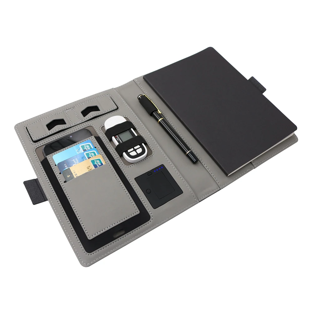 New business gift sets pu leather high quality A5  Powerbank  Notebook 8000mA Wireless Charger Planner with Phone Holder