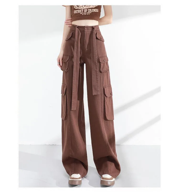 Women Brown Vintage Cargo Pants Baggy Jeans Women High Waist Fashion 90s  Cool Girl Slim Multiple Pockets Design Cargo Pants