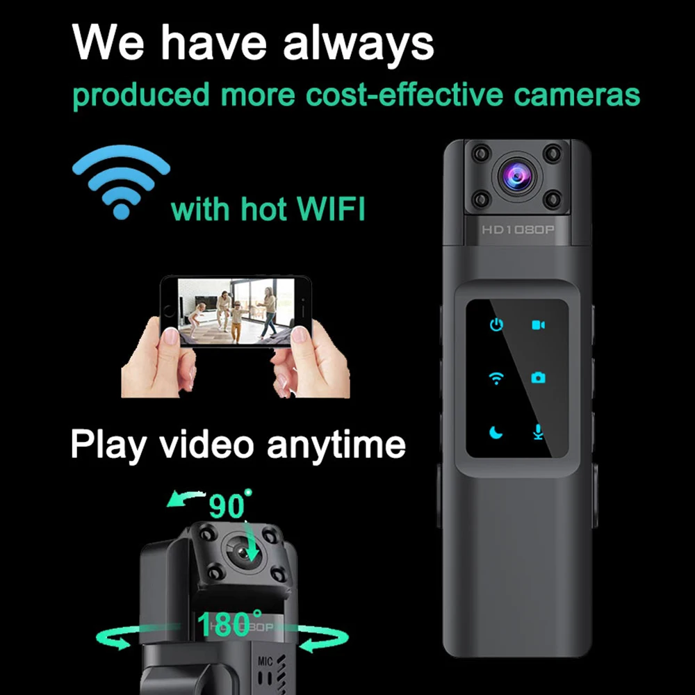 HD 1080P Mini WiFi DVR Body Camera, 180 Degree Real Lens Video Recording Night Vision Motion Detection Sports Camcorder