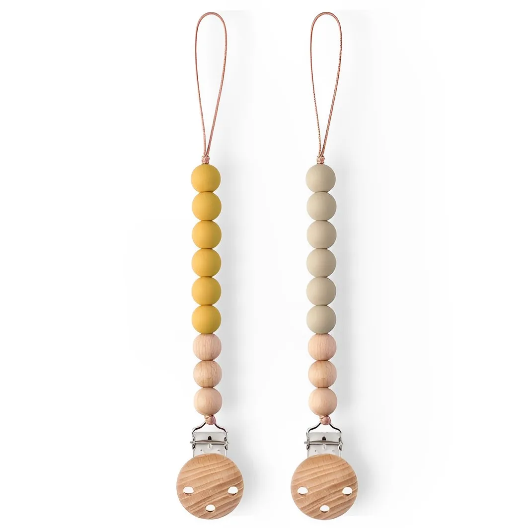 Hot Selling Printable Beech Wood and Silicone Beads Pacifier Clips Chewable Dummy Teether Case Holder Baby Pacifier Chain Clips